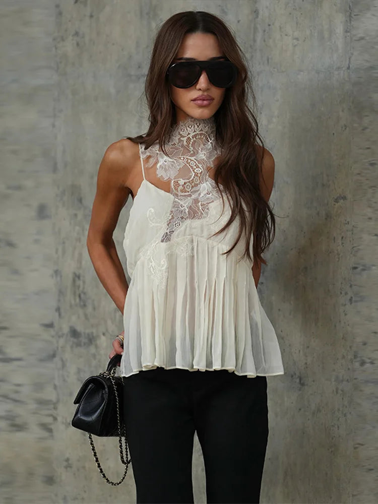 Halter Neck Ribbed Knit Lace Waist Cutout Back Skater Mini Dress Sleeveless Contrast Lace 2026 Summer Women  Party Mini Dress