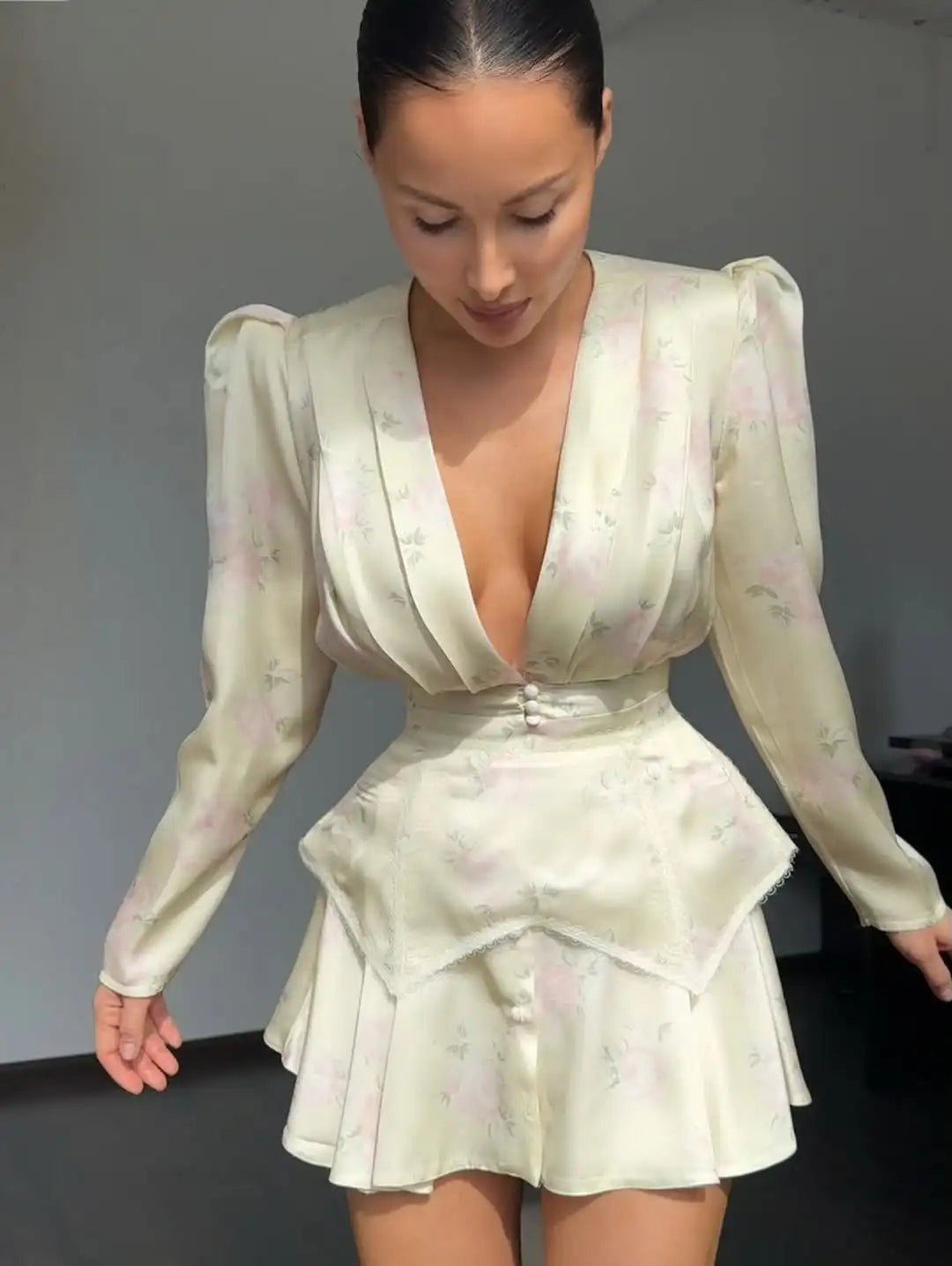 Women Printed Waistband Puff Sleeve Satin Dress Elegant Waist Cinched V-neck Buttons Dresses 2026 Holiday Summer Short Vestido