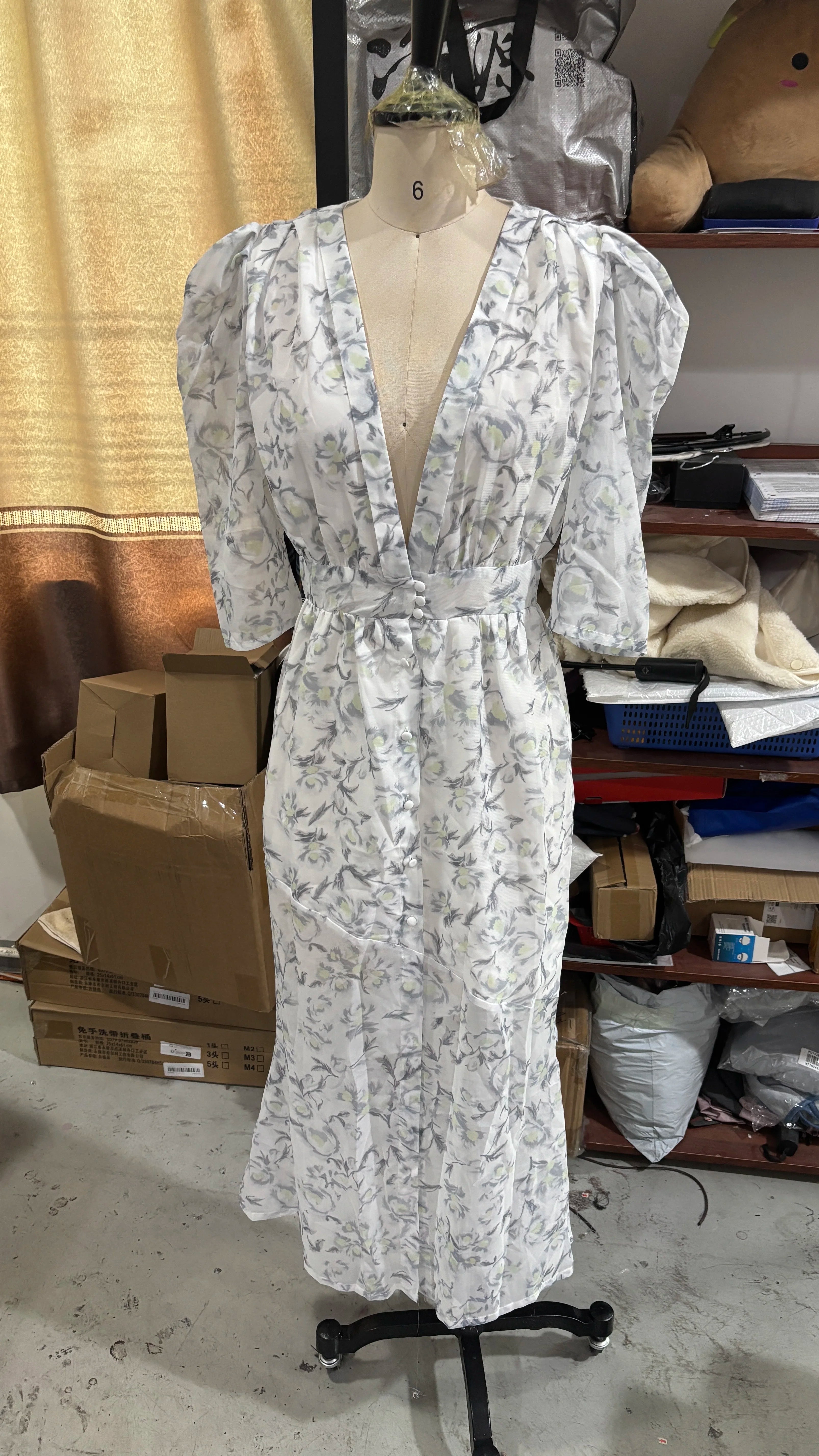 Women Polka Dot Waist V-Neck Maxi Dress Puff Sleeve Slightly Flare Vintage Sweet 2025 Summer Fashion Robe Holiday Party VestidoS