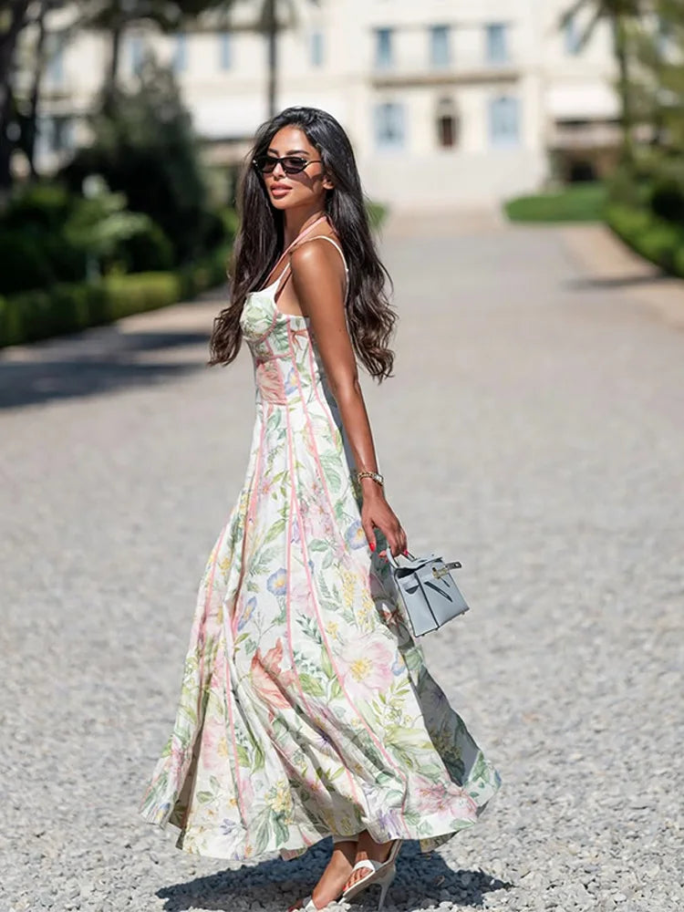 Elegant Printed Women's Dress Sleeveless Halter Waist-Closed A-Line Lady Dresses 2026 Spring Summer Fashion Female Vacation Robe