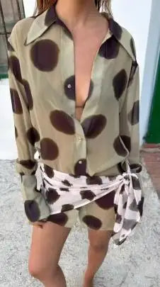 Sexy Printed Polka Dot Dress Retro Sheer Turn-down Collar Button Detachable Scarf Robe 2026 Summer Chic Y2k Women Casual Dresses