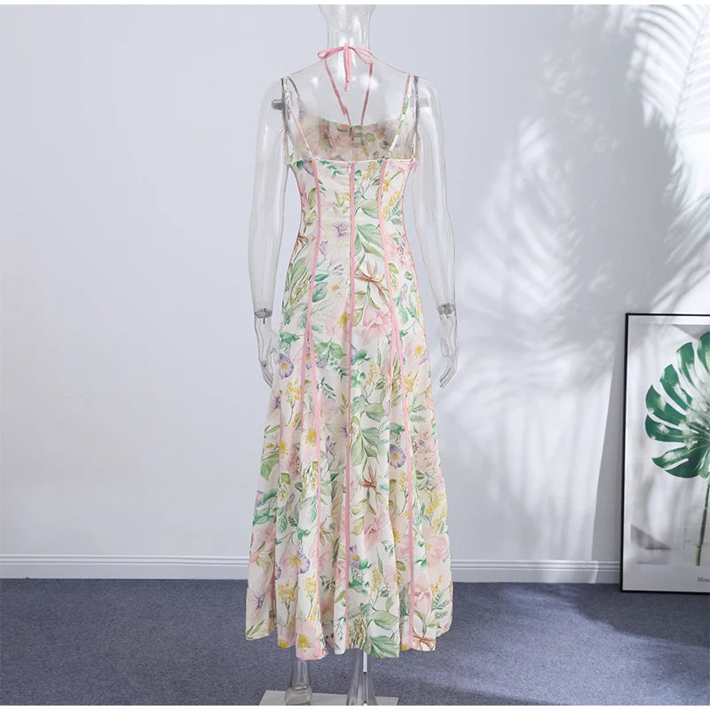 Elegant Printed Women's Dress Sleeveless Halter Waist-Closed A-Line Lady Dresses 2026 Spring Summer Fashion Female Vacation Robe