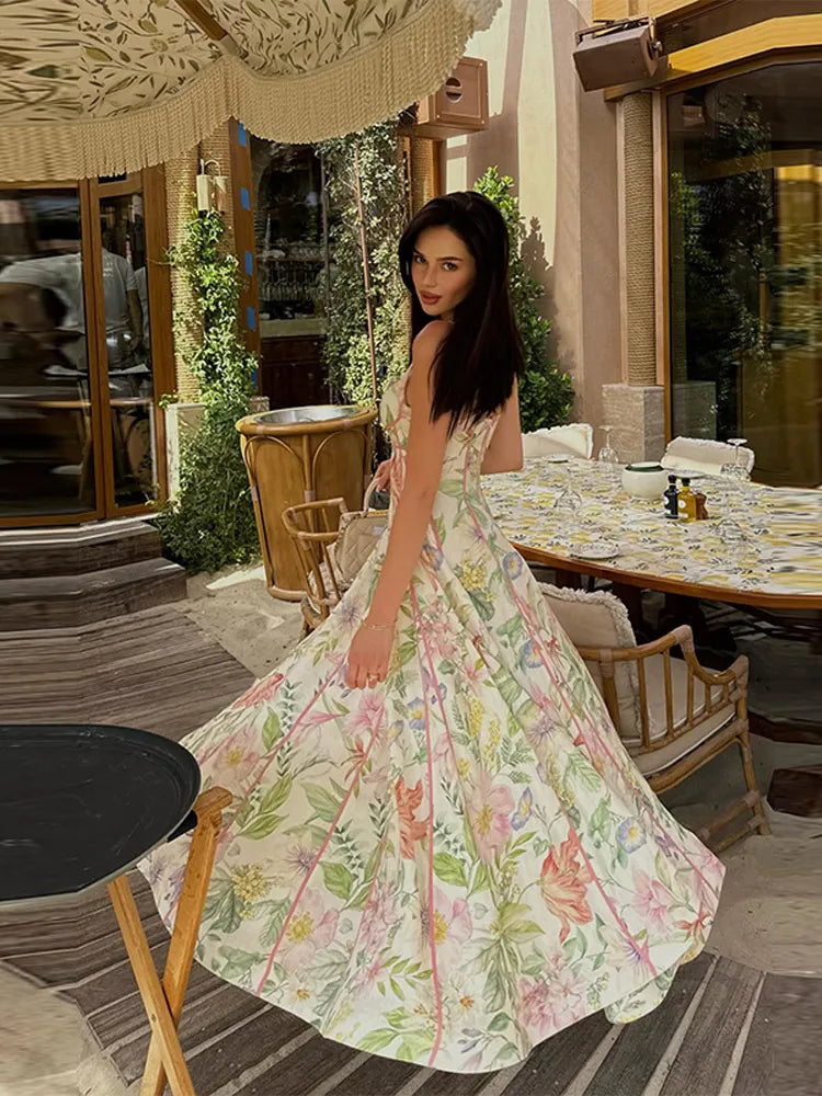 Elegant Printed Women's Dress Sleeveless Halter Waist-Closed A-Line Lady Dresses 2026 Spring Summer Fashion Female Vacation Robe
