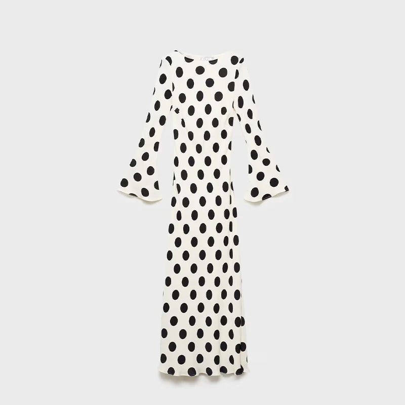 Casual Polka Dot Dress Women's Slim O-neck Full Sleeve High-Waisted Floor-Length Dresses 2025 Spring Autumn New Fashion Robes
