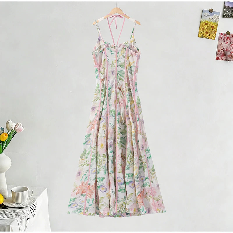 Elegant Printed Women's Dress Sleeveless Halter Waist-Closed A-Line Lady Dresses 2026 Spring Summer Fashion Female Vacation Robe