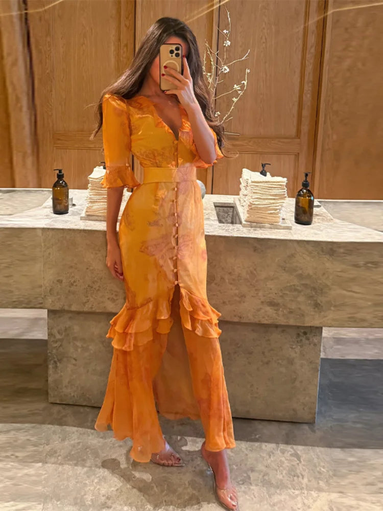 Women Polka Dot Waist V-Neck Maxi Dress Puff Sleeve Slightly Flare Vintage Sweet 2025 Summer Fashion Robe Holiday Party VestidoS