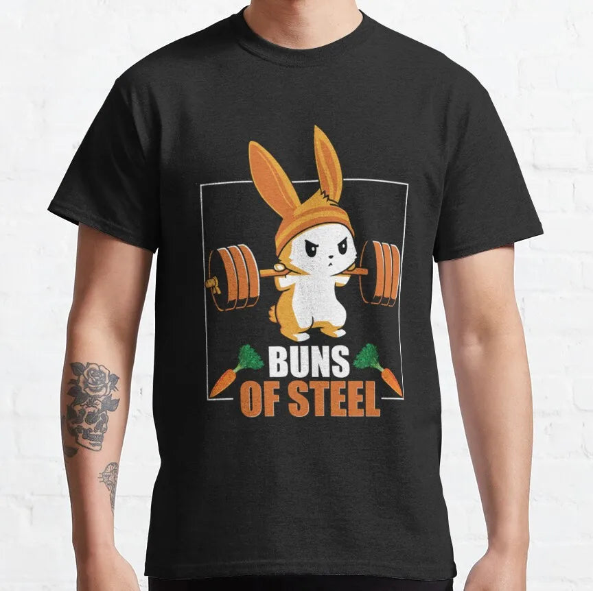 Buns Of Steel Funny Rabbit Crossfit T Shirt  weightlifting GYM bunny 100% Cotton bodybuilding lift weights muscle Clothes
