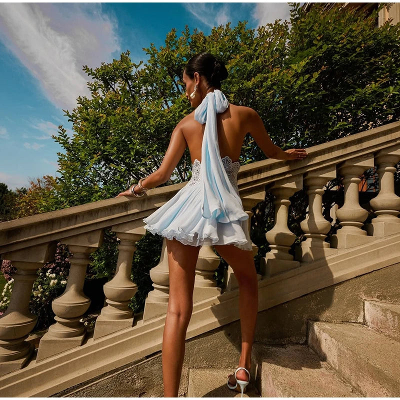 Halter Neck Ribbed Knit Lace Waist Cutout Back Skater Mini Dress Sleeveless Contrast Lace 2026 Summer Women  Party Mini Dress