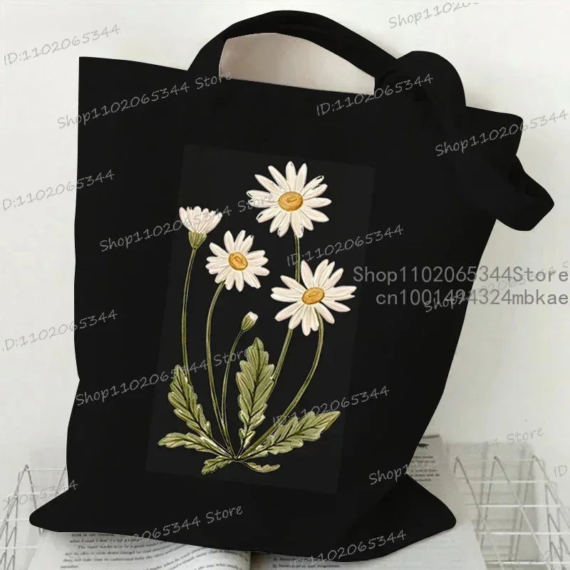 Fashion Canvas Tote Bag Oil Painting Wildflowers Print Lady Shoulder Shopping Bag Plant Style Daisy Vintage Flower Women Handbag