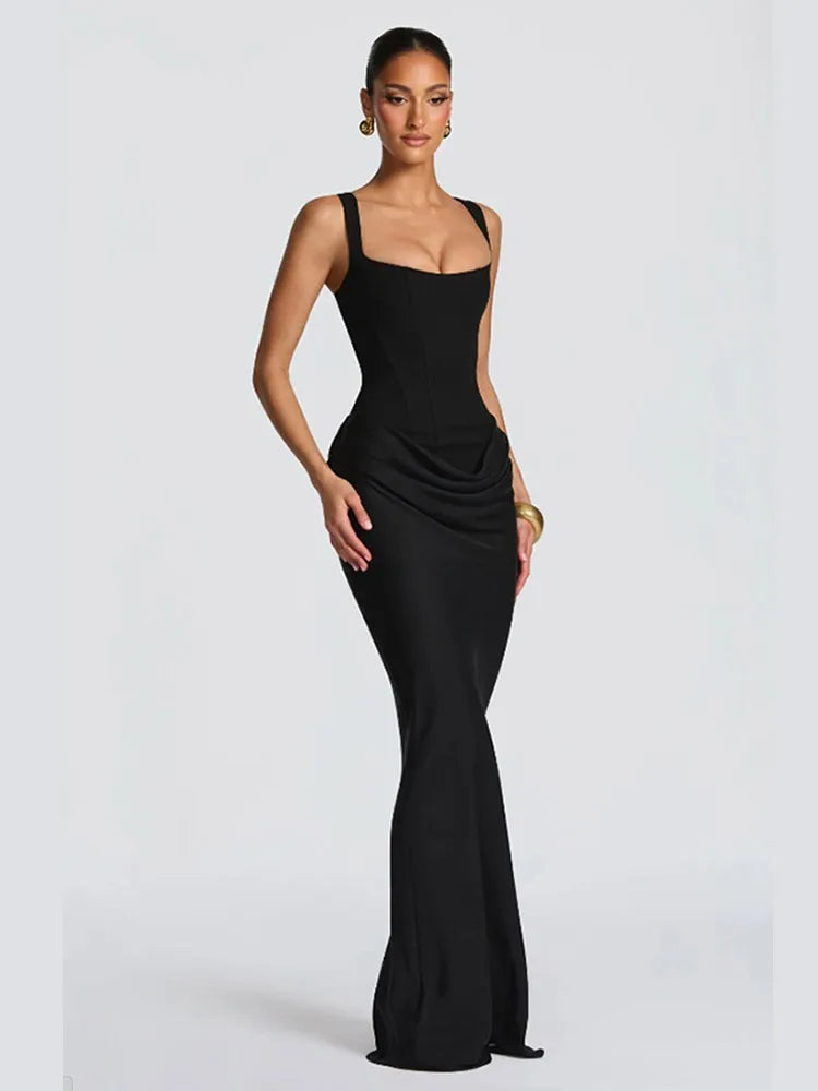 Solid Pleated Sling Dress Women Square Neck Sleeveless Off-shoulder Waist Cinching Slim Dresses 2026 Lady Evening Party Gowns