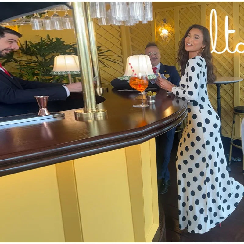 Casual Polka Dot Dress Women's Slim O-neck Full Sleeve High-Waisted Floor-Length Dresses 2025 Spring Autumn New Fashion Robes