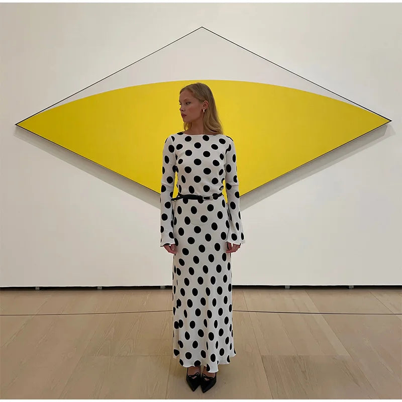 Casual Polka Dot Dress Women's Slim O-neck Full Sleeve High-Waisted Floor-Length Dresses 2025 Spring Autumn New Fashion Robes