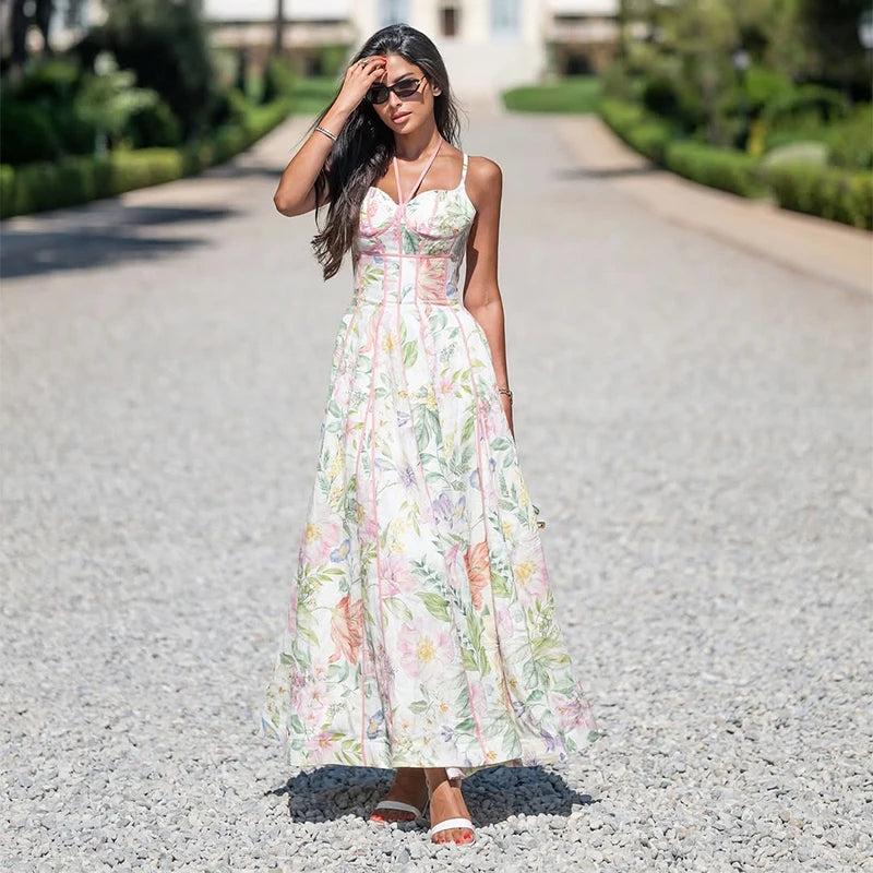 Elegant Printed Women's Dress Sleeveless Halter Waist-Closed A-Line Lady Dresses 2026 Spring Summer Fashion Female Vacation Robe