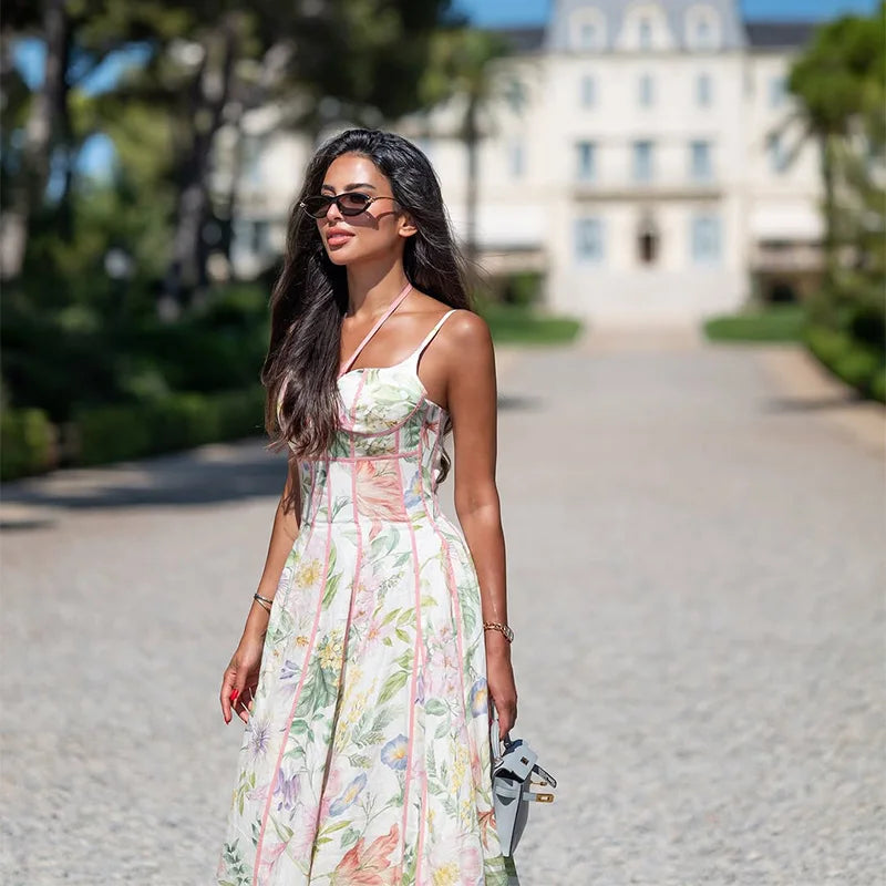 Elegant Printed Women's Dress Sleeveless Halter Waist-Closed A-Line Lady Dresses 2026 Spring Summer Fashion Female Vacation Robe