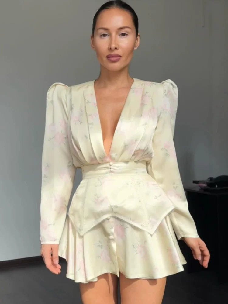 Women Printed Waistband Puff Sleeve Satin Dress Elegant Waist Cinched V-neck Buttons Dresses 2026 Holiday Summer Short Vestido