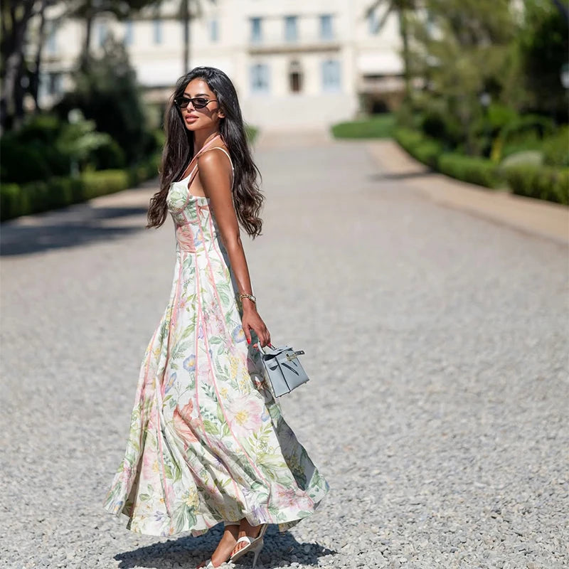 Elegant Printed Women's Dress Sleeveless Halter Waist-Closed A-Line Lady Dresses 2026 Spring Summer Fashion Female Vacation Robe
