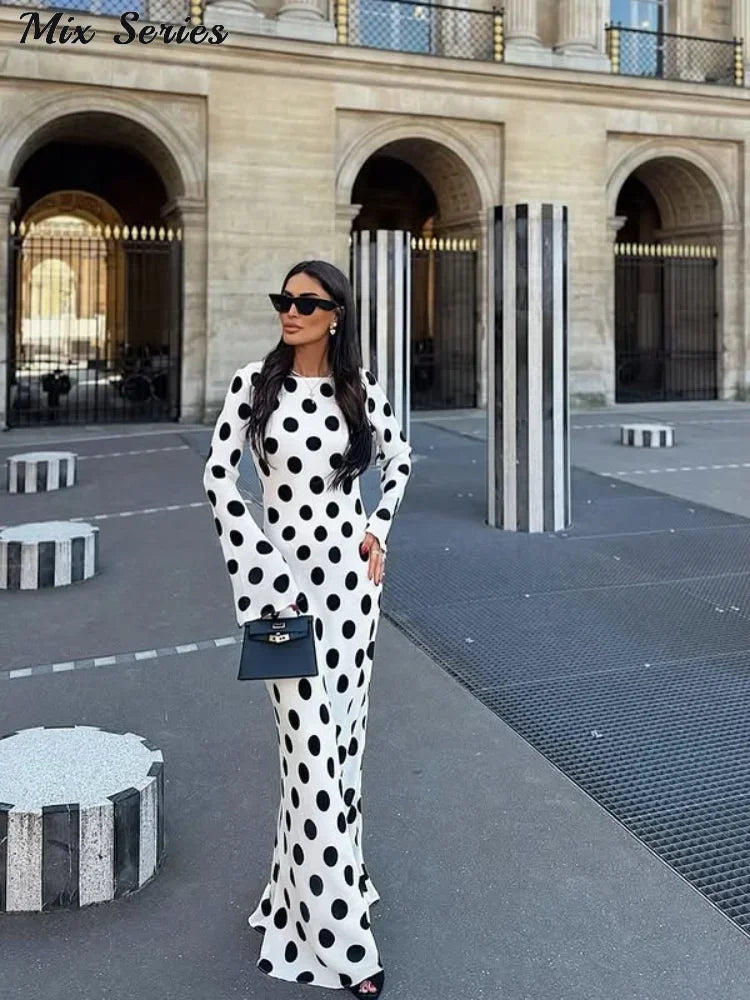 Casual Polka Dot Dress Women's Slim O-neck Full Sleeve High-Waisted Floor-Length Dresses 2025 Spring Autumn New Fashion Robes