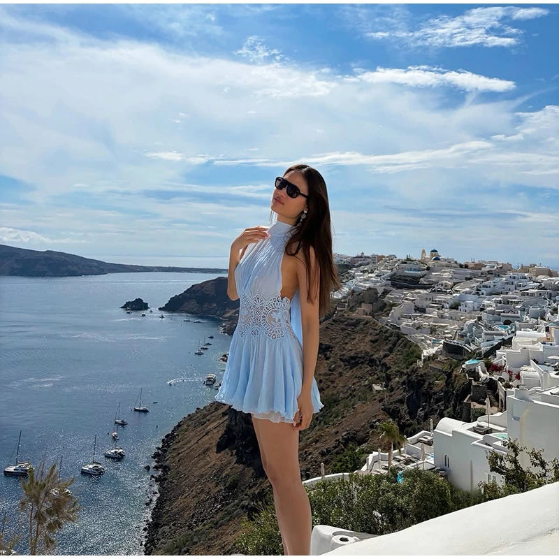 Halter Neck Ribbed Knit Lace Waist Cutout Back Skater Mini Dress Sleeveless Contrast Lace 2026 Summer Women  Party Mini Dress