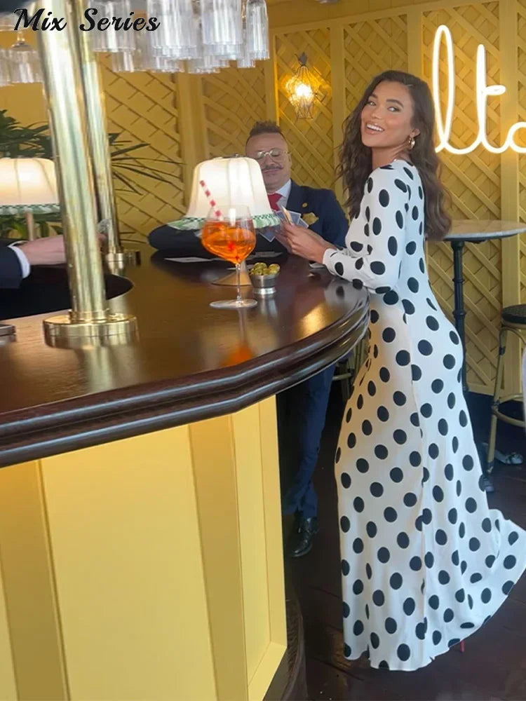 Casual Polka Dot Dress Women's Slim O-neck Full Sleeve High-Waisted Floor-Length Dresses 2025 Spring Autumn New Fashion Robes