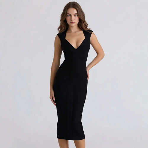BEAUKEY Luxury Sexy Plunge V Bandage Long Dress Women Striped  Bodyocn  Party Celebrity Evening Dress Elastic Knitted Vestidos