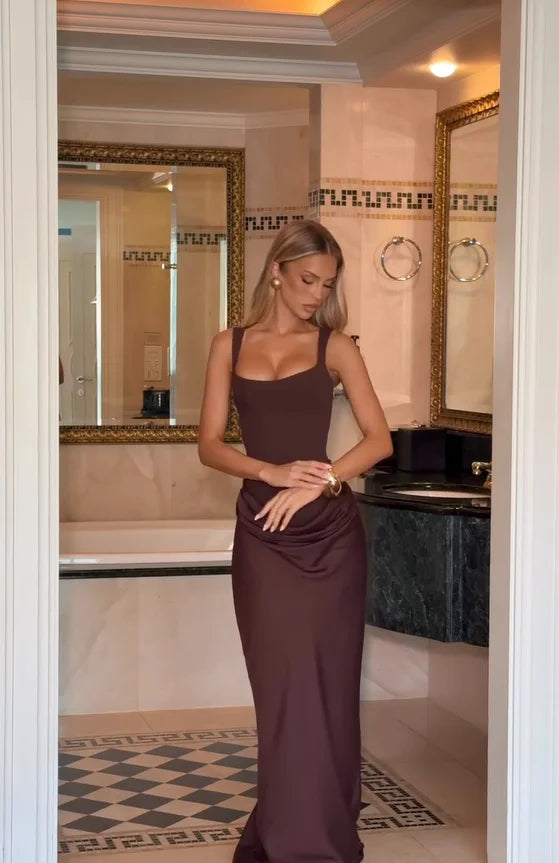 Solid Pleated Sling Dress Women Square Neck Sleeveless Off-shoulder Waist Cinching Slim Dresses 2026 Lady Evening Party Gowns