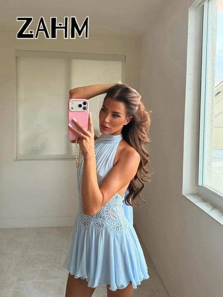 Sexy Hollow Out Solid Women Min Dress Beach Pleated Lace Up Backless Sleeveless Female Dresses 2026 Summer Lady Robe New