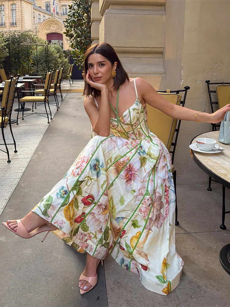 Elegant Printed Women's Dress Sleeveless Halter Waist-Closed A-Line Lady Dresses 2026 Spring Summer Fashion Female Vacation Robe