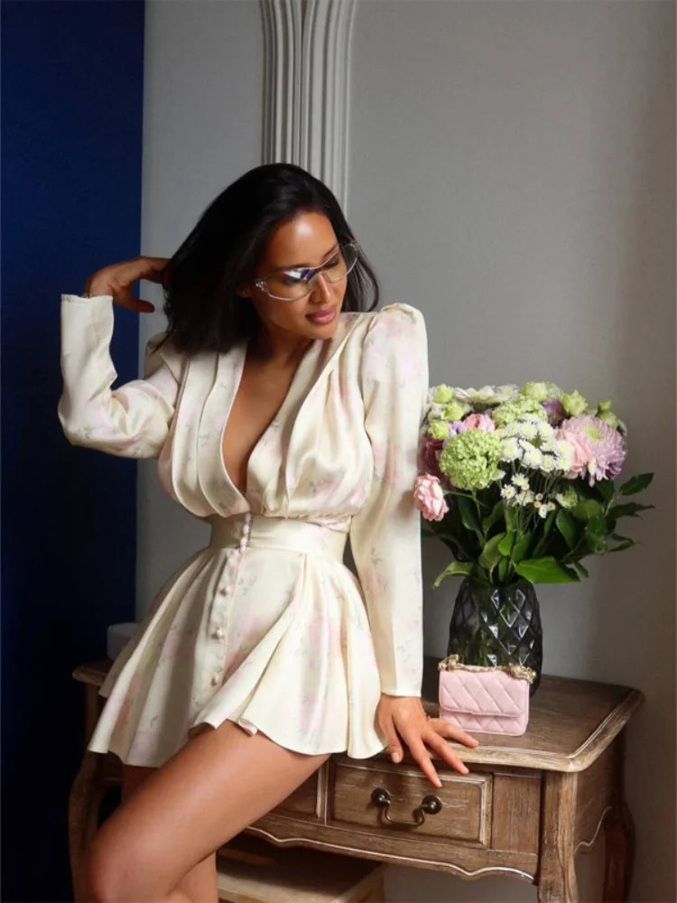 Women Printed Waistband Puff Sleeve Satin Dress Elegant Waist Cinched V-neck Buttons Dresses 2026 Holiday Summer Short Vestido