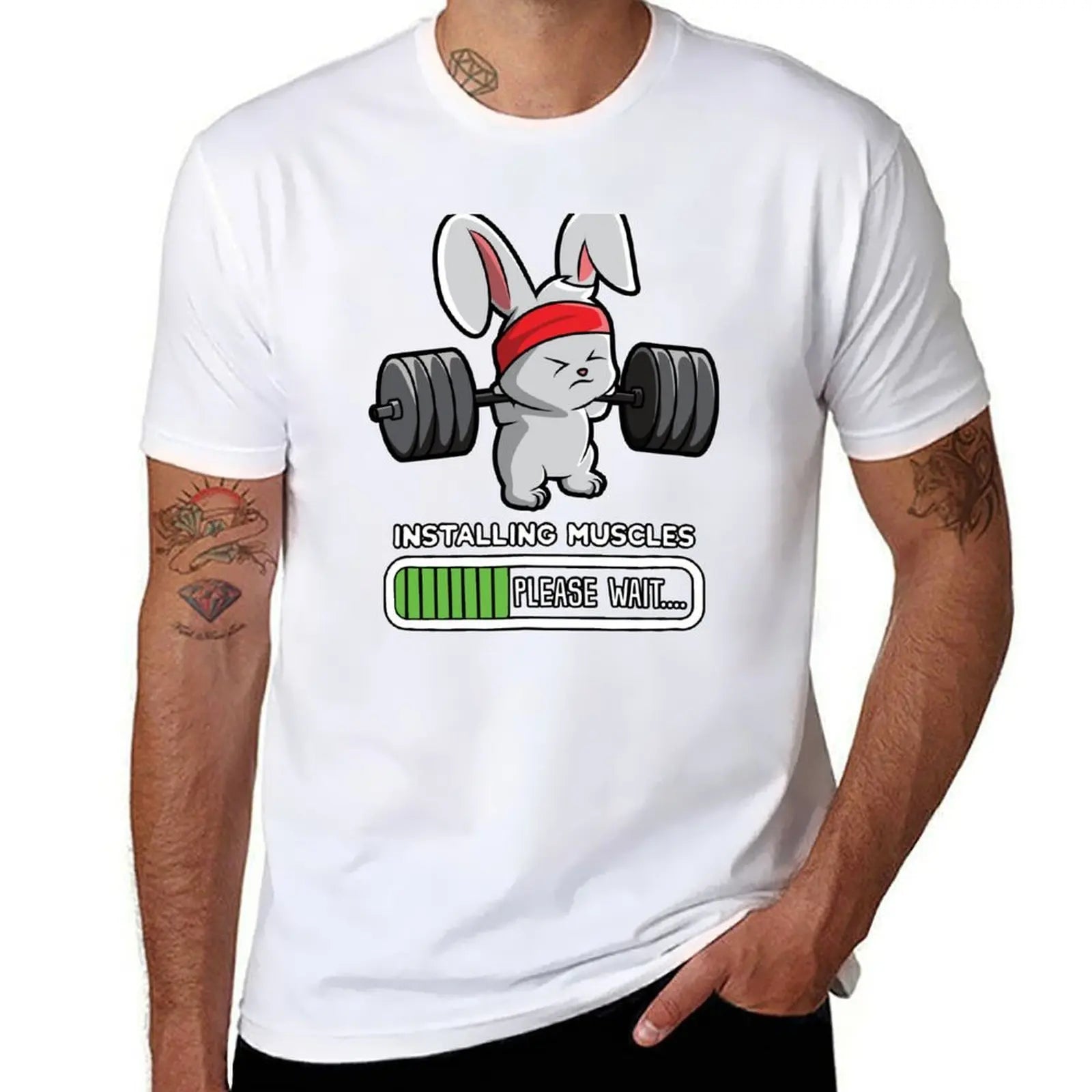 Bunny Fitness Gym Workout Installing Muscles T-Shirt Stretch Fabric Comfort T-Shirt