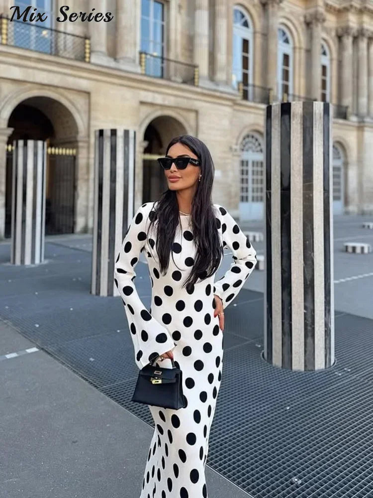 Casual Polka Dot Dress Women's Slim O-neck Full Sleeve High-Waisted Floor-Length Dresses 2025 Spring Autumn New Fashion Robes
