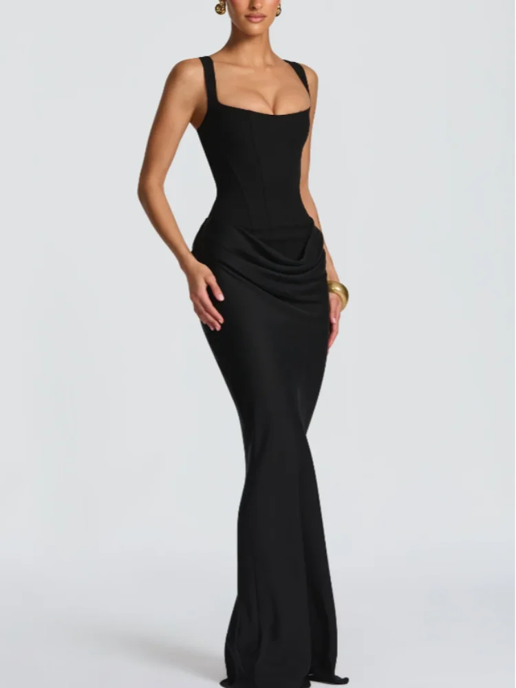 Solid Pleated Sling Dress Women Square Neck Sleeveless Off-shoulder Waist Cinching Slim Dresses 2026 Lady Evening Party Gowns