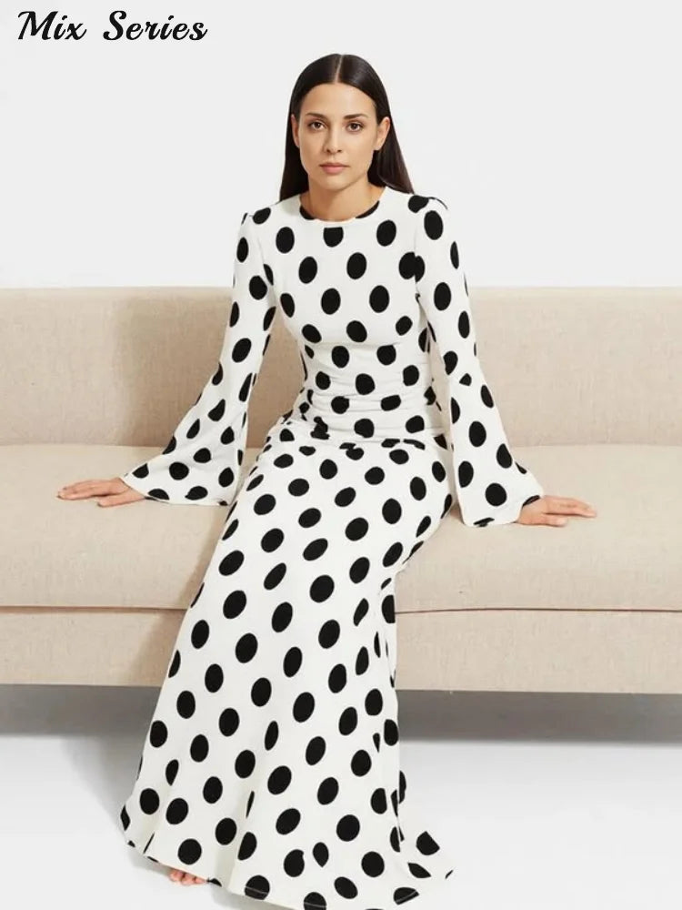 Casual Polka Dot Dress Women's Slim O-neck Full Sleeve High-Waisted Floor-Length Dresses 2025 Spring Autumn New Fashion Robes