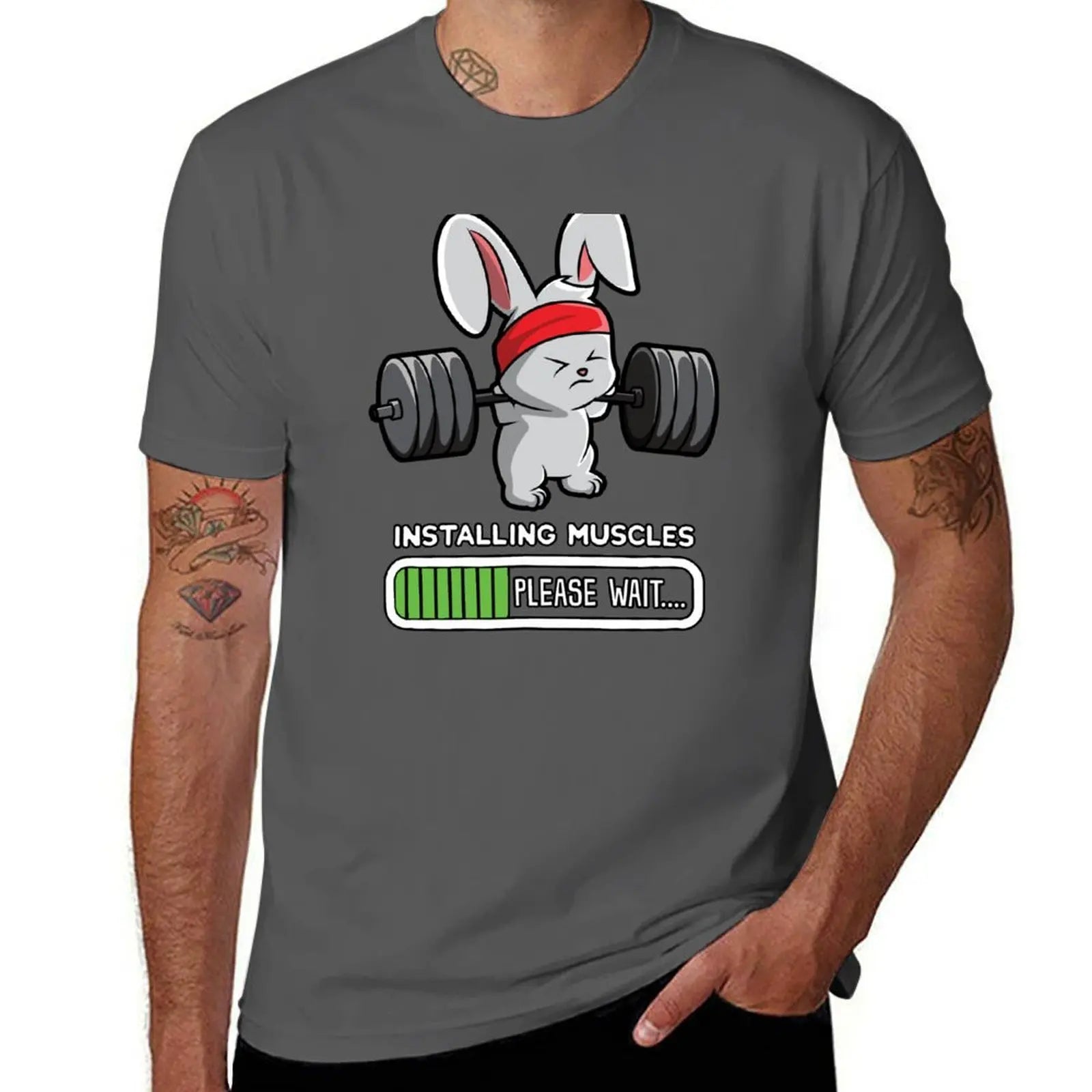 Bunny Fitness Gym Workout Installing Muscles T-Shirt Stretch Fabric Comfort T-Shirt