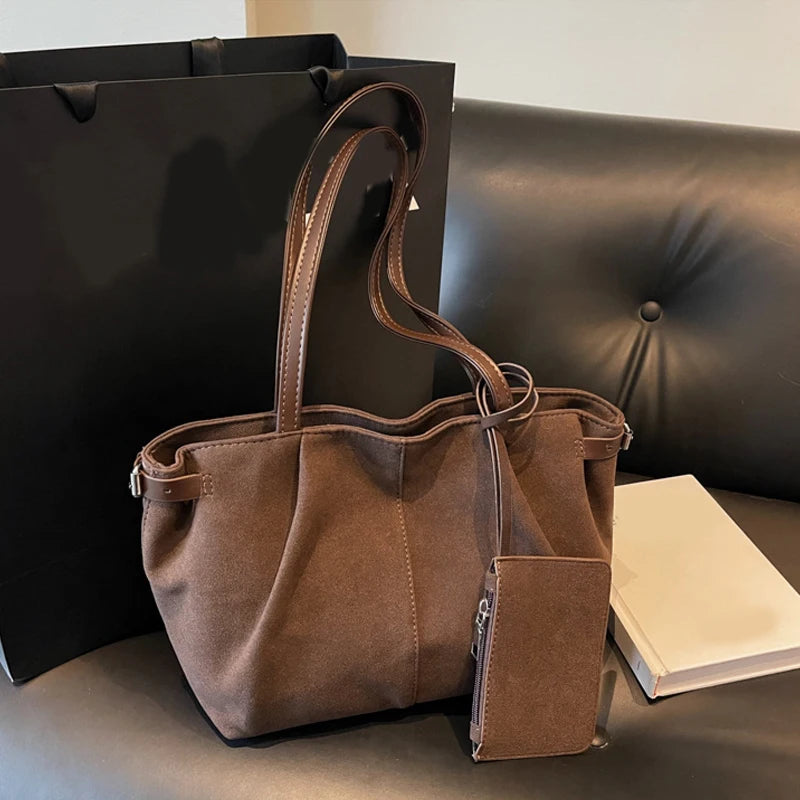 Suede Shoulder Bags for Women Large Suede Totes Lightweight Underarm Bag Casual Shopper Handbag Solid Color Travel Bucket Bags