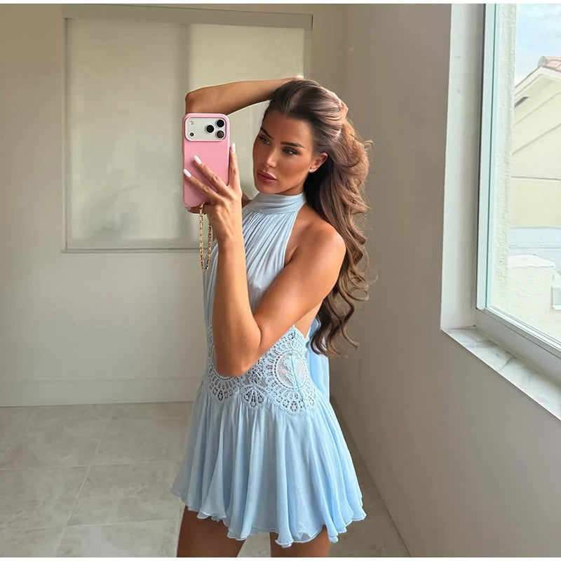 Halter Neck Ribbed Knit Lace Waist Cutout Back Skater Mini Dress Sleeveless Contrast Lace 2026 Summer Women  Party Mini Dress